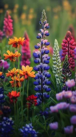Vibrant wildflower meadow with blooming lupines and daisies.
