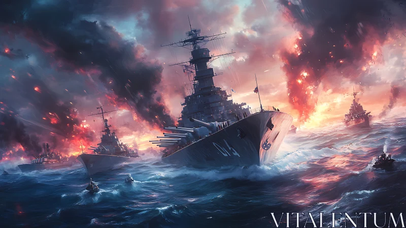 Storm-lit battleships carving through a blazing sea sky.