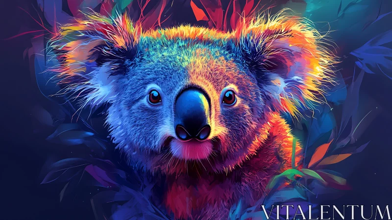 Vibrant digital koala portrait with multicolor lighting.