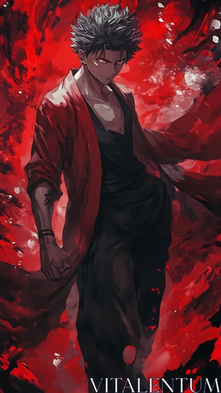 Crimson stormwalker: mysterious anime hero in red flame.