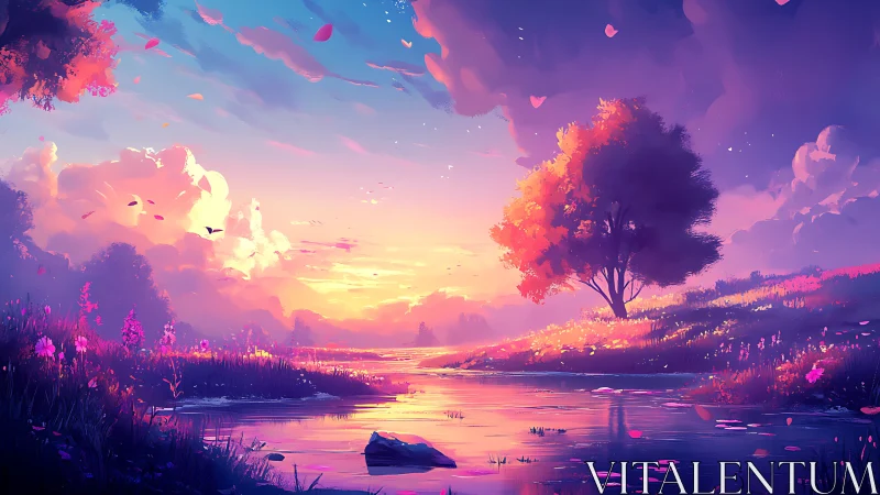 Vibrant digital sunset landscape with glowing riverside tree.