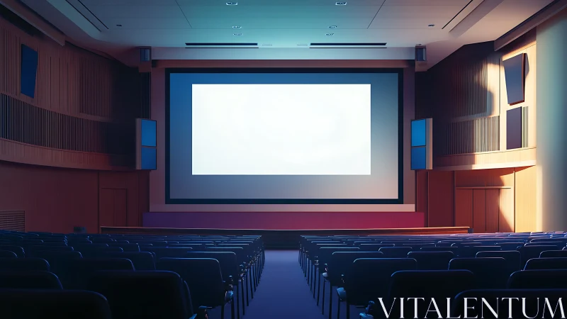 Empty modern cinema auditorium with illuminated blank screen