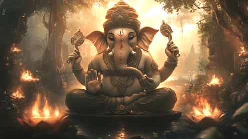 Radiant Ganesha surrounded by glowing forest light and flames.