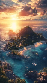 Tropical island sanctuary bathed in golden sunset glow.