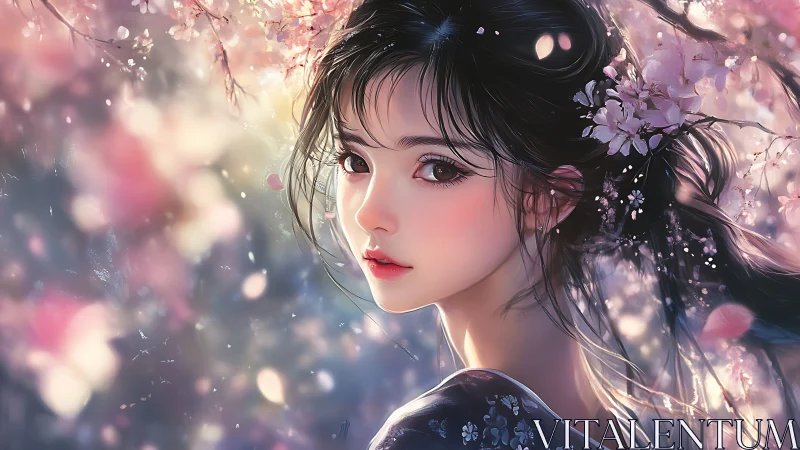 Blossom-lit gaze of a spring maiden in soft pastel dream.