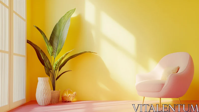 Minimalist pastel lounge corner captures warm morning light