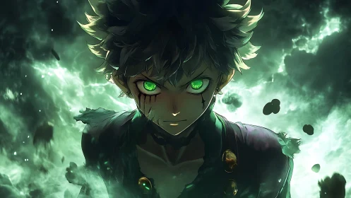Intense green eyed anime hero amid swirling energy storm.