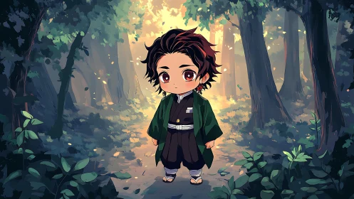 Chibi style child character standing in sunlit forest path.