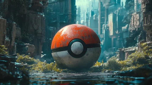 Weathered capture sphere in post-urban overgrown corridor.