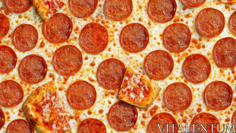 Golden pepperoni slices cover cozy cheesy pizza surface