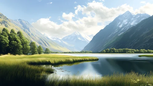 Alpine glacial lake with grass marsh and snow capped peaks