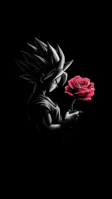 Monochrome anime warrior profile holding vivid red rose