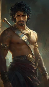 Warrior with sword and gold ornaments in soft light.