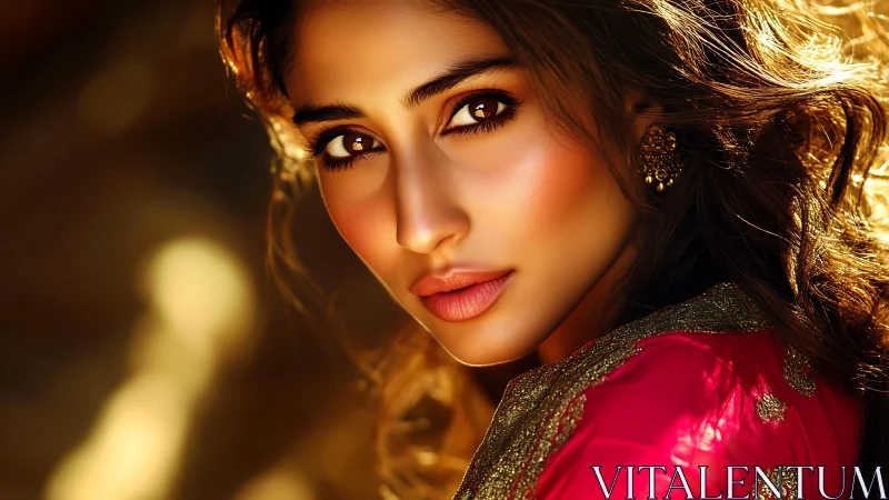 Golden light portrait highlights warm brown eyes and silk