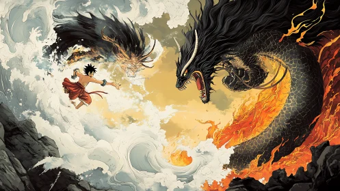 Hero confronts black dragon amid colliding fire and waves.