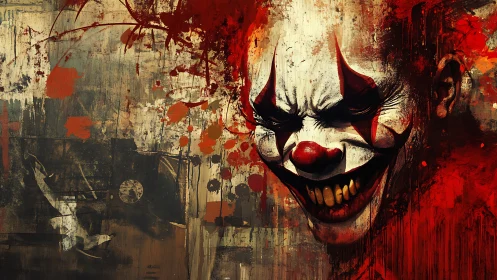Blood-splashed jester erupts from canvas with feral laughter