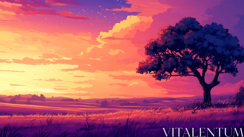 Spectral gradient sunset over solitary tree in digital fieldscape.