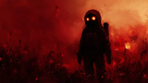 Lone astronaut silhouette stands in burning crimson wasteland