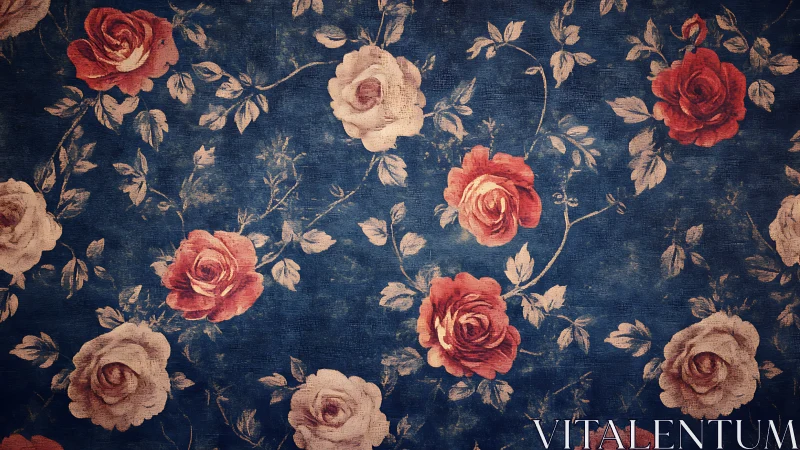 Vintage roses blooming softly on deep blue fabric background.