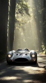 Photorealistic silver race car in dappled forest light study.