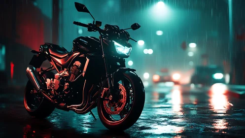 Sport motorcycle gleams under neon rain-soaked city lights.
