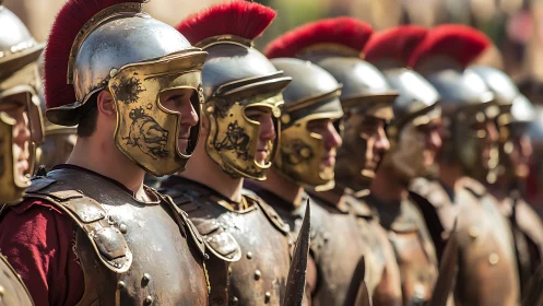 Roman legionary reenactors in lorica segmentata line formation
