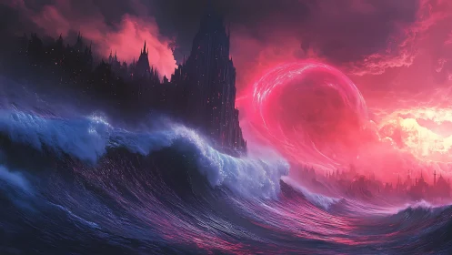 Crimson sky and stormy sea embracing a twilight city.