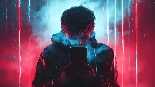 Backlit hooded figure studies smartphone amid neon vapor columns