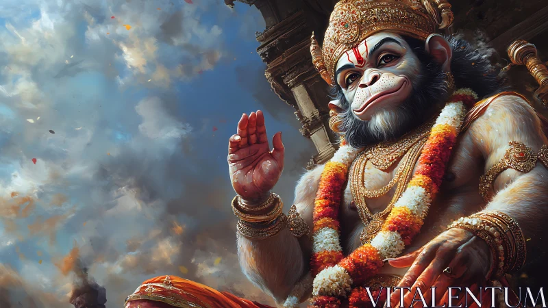 Hanuman-inspired deity figure in ornate digital artwork.
