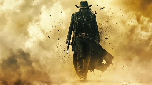 Lone gunslinger in dust-filled western landscape scene.