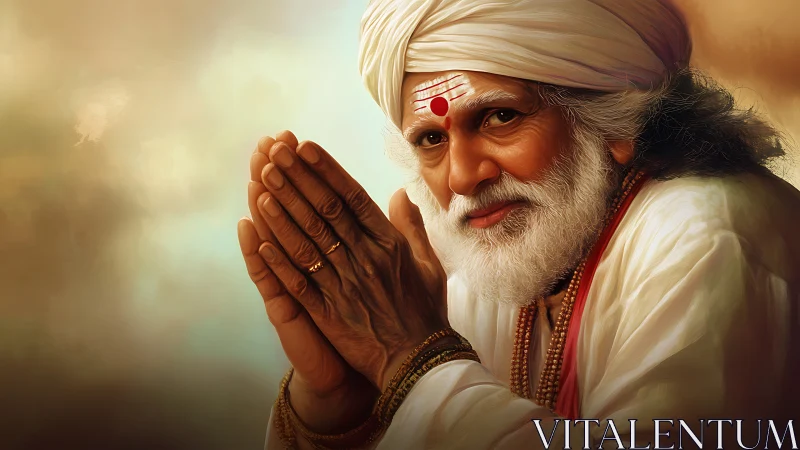 Elderly Hindu guru with folded hands in soft golden lighting