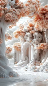Ethereal ivory forest swirls into a luminous dreamscape.