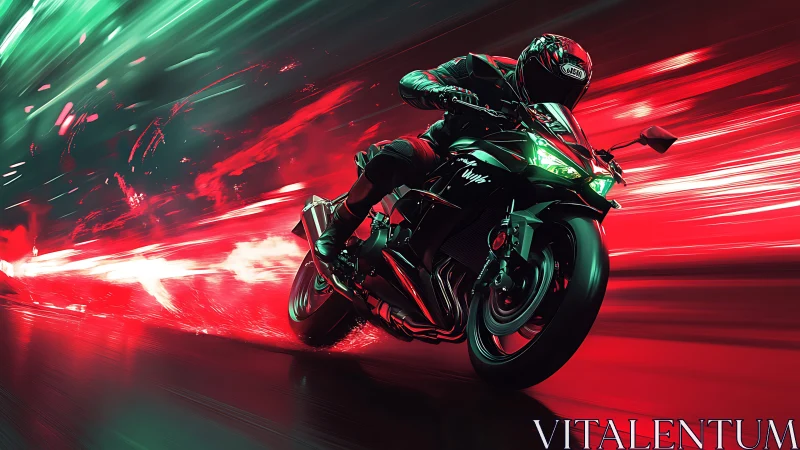 Motorcyclist on sport bike in vivid red light trail scene.