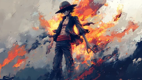 Dynamic anime hero in expressive fiery digital painting style.