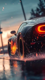 Rear-quarter supercar view under dynamic rain with vivid bokeh lighting