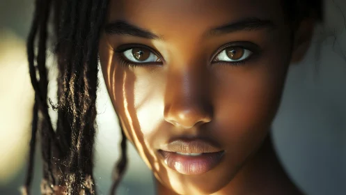 Sunlit brown eyes meet the viewer with gentle quiet strength