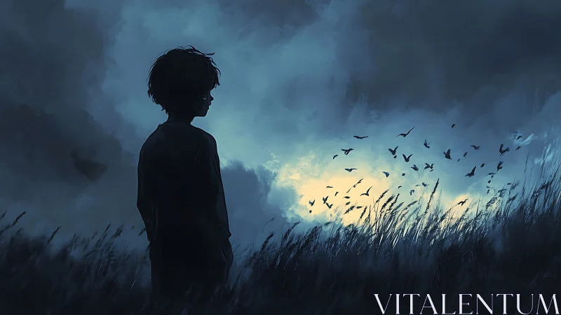 Silhouetted child in stormy dusk field with rising birds.