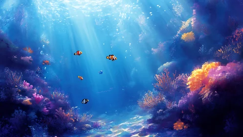 Coral reef scene with clownfish under filtered sunlight.