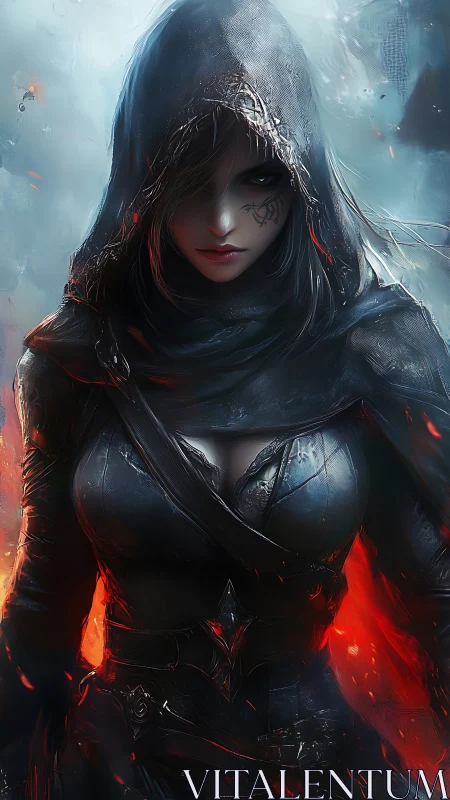 Hooded female warrior stands in glowing embers and mist