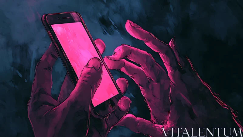 Hands bathed in pink light cradle a glowing smartphone screen.