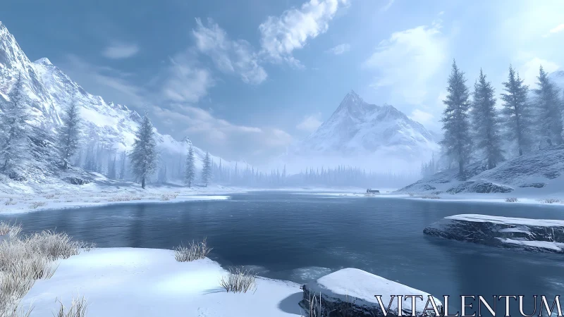 Frozen alpine lake reflects distant snow peak in winter light