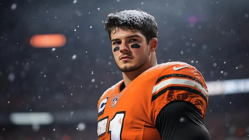 Snowy night portrait of focused American football player.