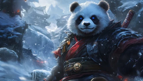 Panda warrior stands in snowy mountain village landscape
