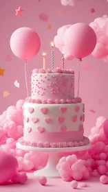Three-Tiered Pink Birthday Cake with Floating Balloons.