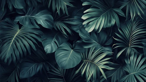 Midnight jungle leaves murmuring in deep teal hush.