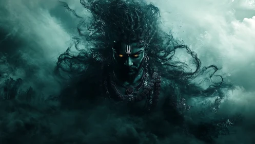 Mythic storm deity emerging from volumetric turquoise mist.