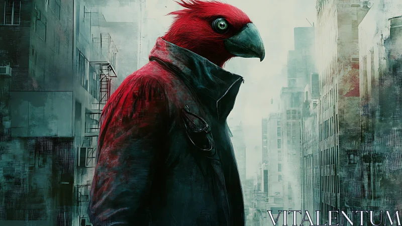 Red avian humanoid surveys a misty dystopian cityscape.