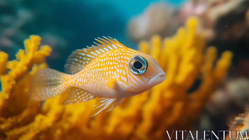 Striped reef fish in shallow coral habitat, macro bokeh study.