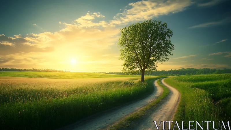 Sunlit country road curves beside lone tree at golden hour