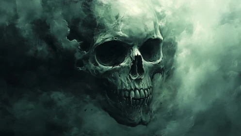 Green skull formed in swirling storm clouds artwork.